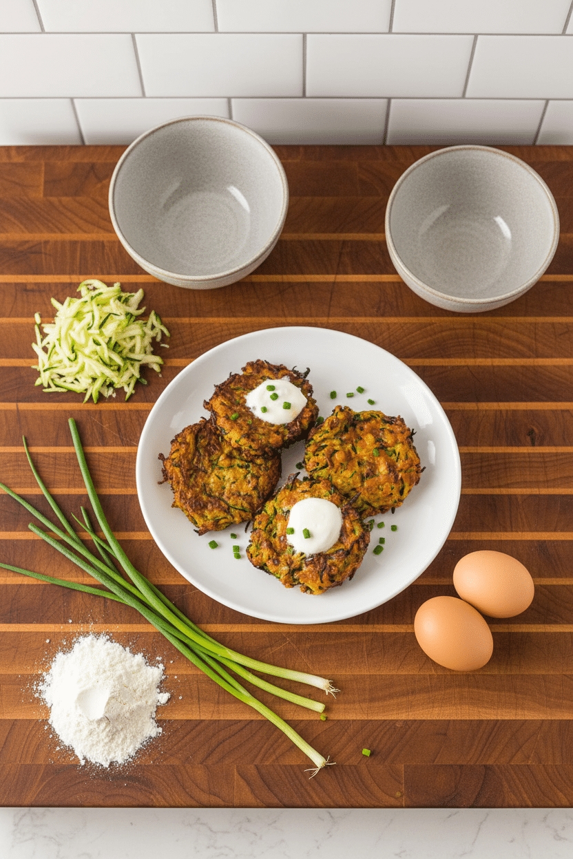 Air Fryer Zucchini Fritters ingredients organized and measured on kitchen counter