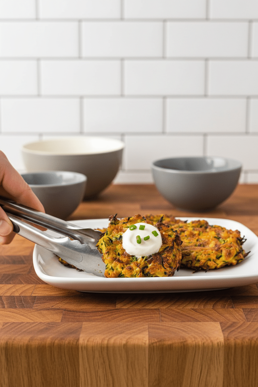 Air Fryer Zucchini Fritters slice on plate showing perfect texture and swirl pattern