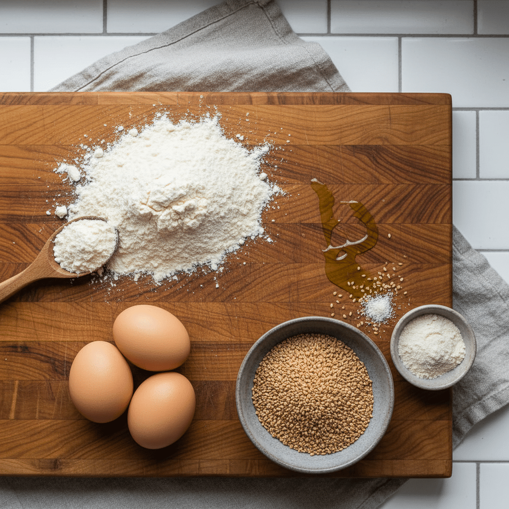Keto bread buns ingredients organized and measured on kitchen counter