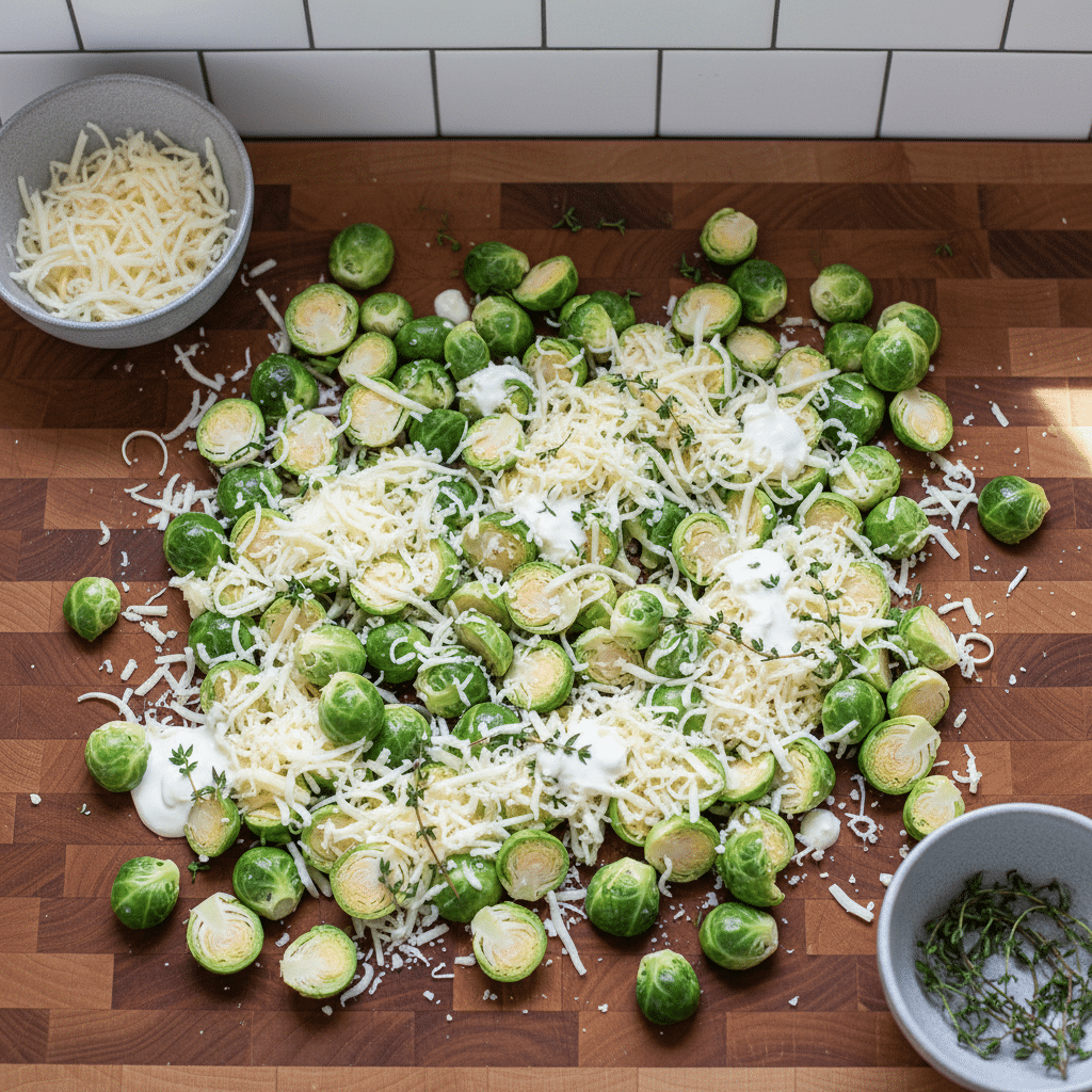 Brussel Sprout Casserole ingredients organized and measured on kitchen counter