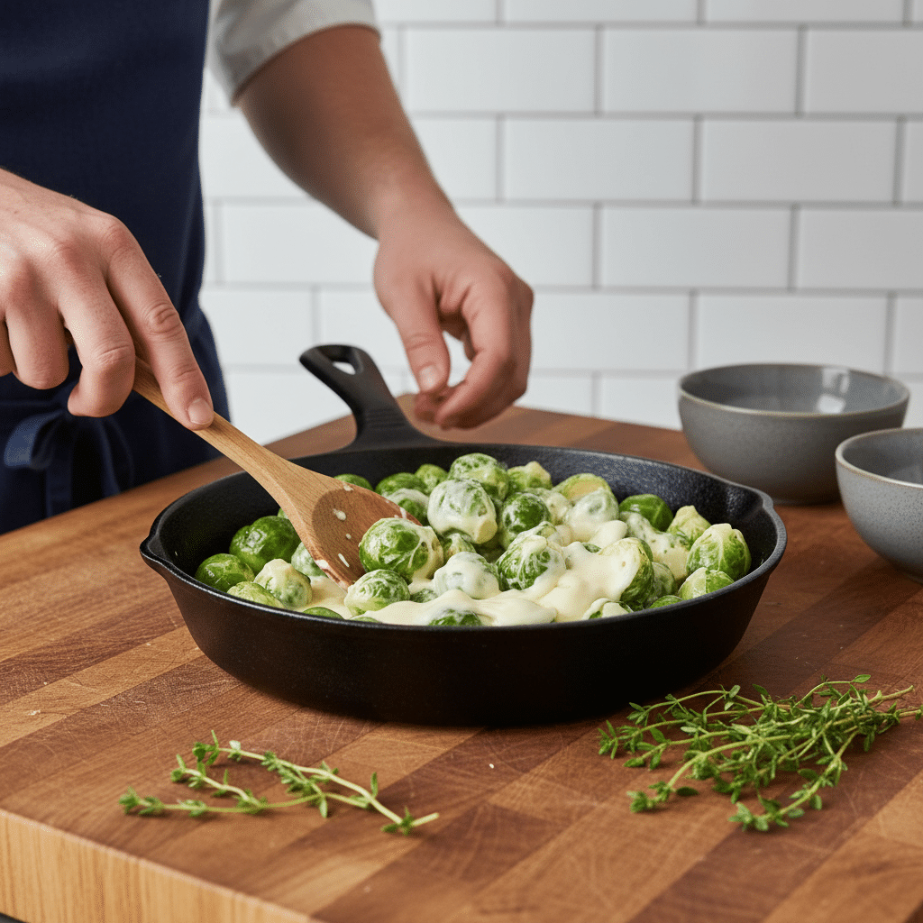 Brussel Sprout Casserole slice on plate showing perfect texture and swirl pattern