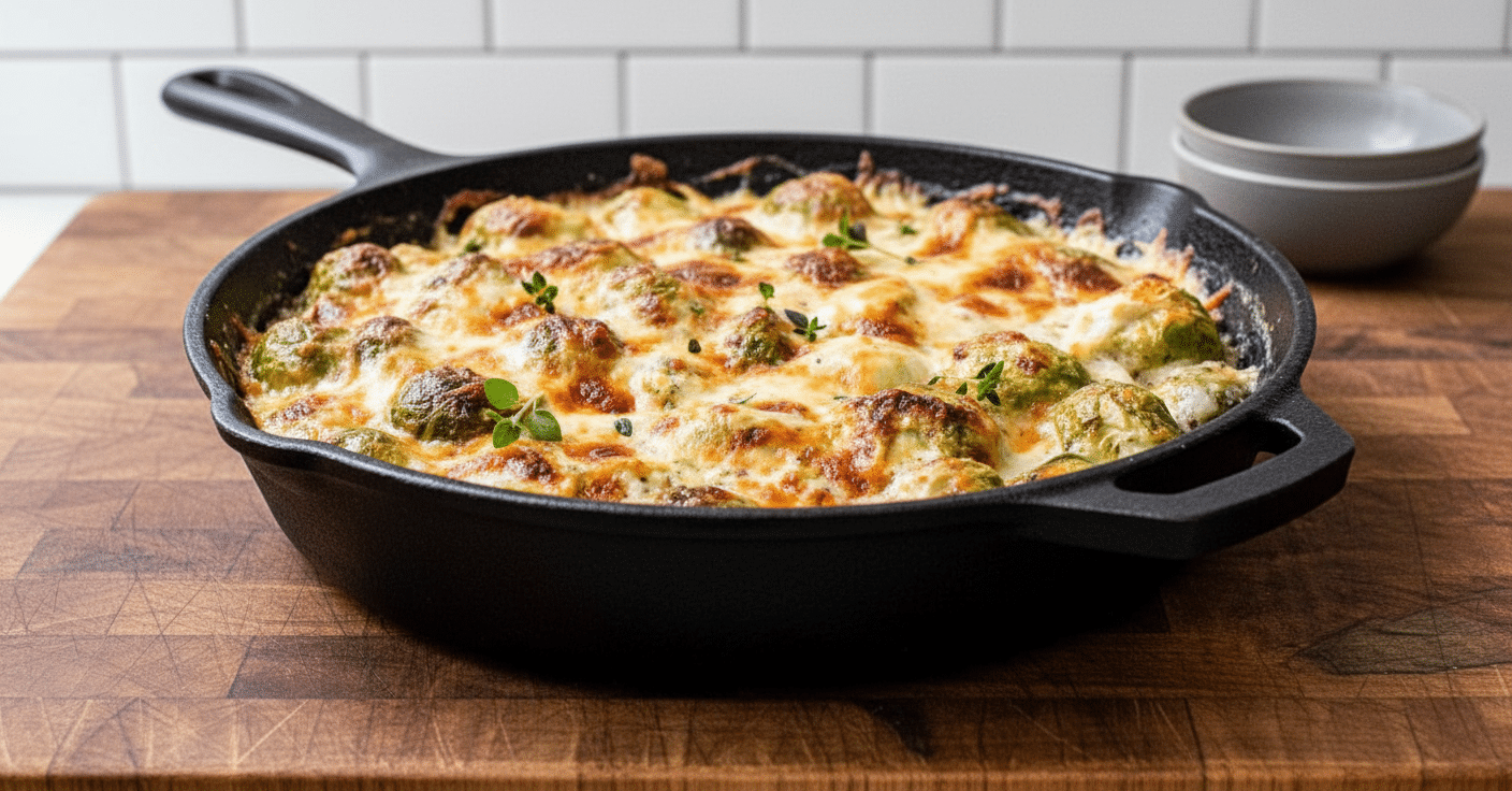 Brussel Sprout Casserole final dish beautifully presented and ready to serve