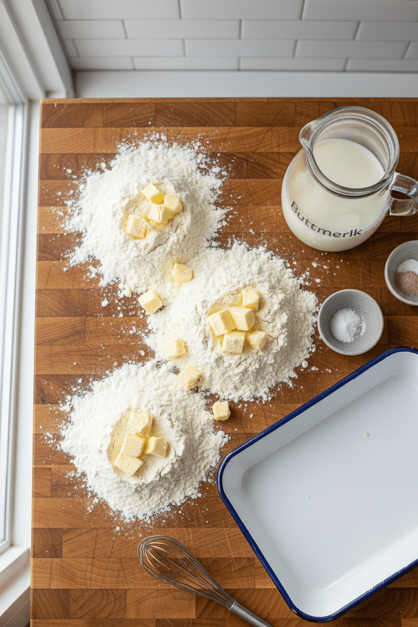 Southern Buttermilk Biscuits ingredients organized and measured on kitchen counter