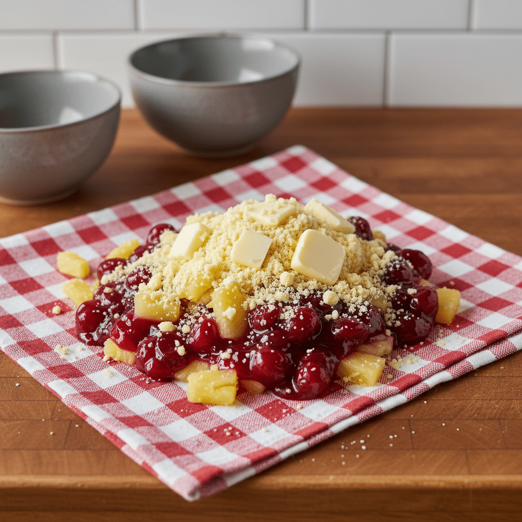 Cherry Pineapple Dump Cake ingredients organized and measured on kitchen counter