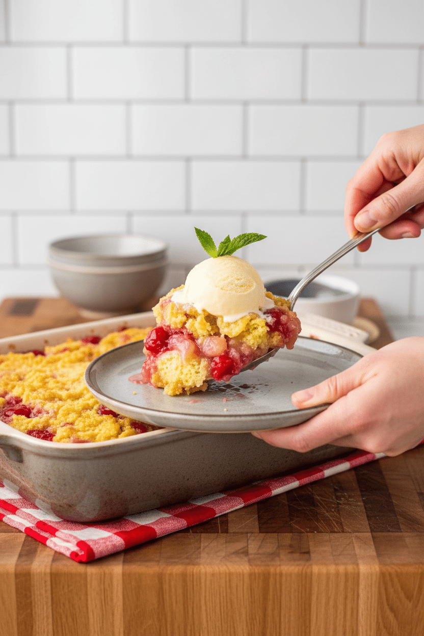 Cherry Pineapple Dump Cake slice on plate showing perfect texture and swirl pattern