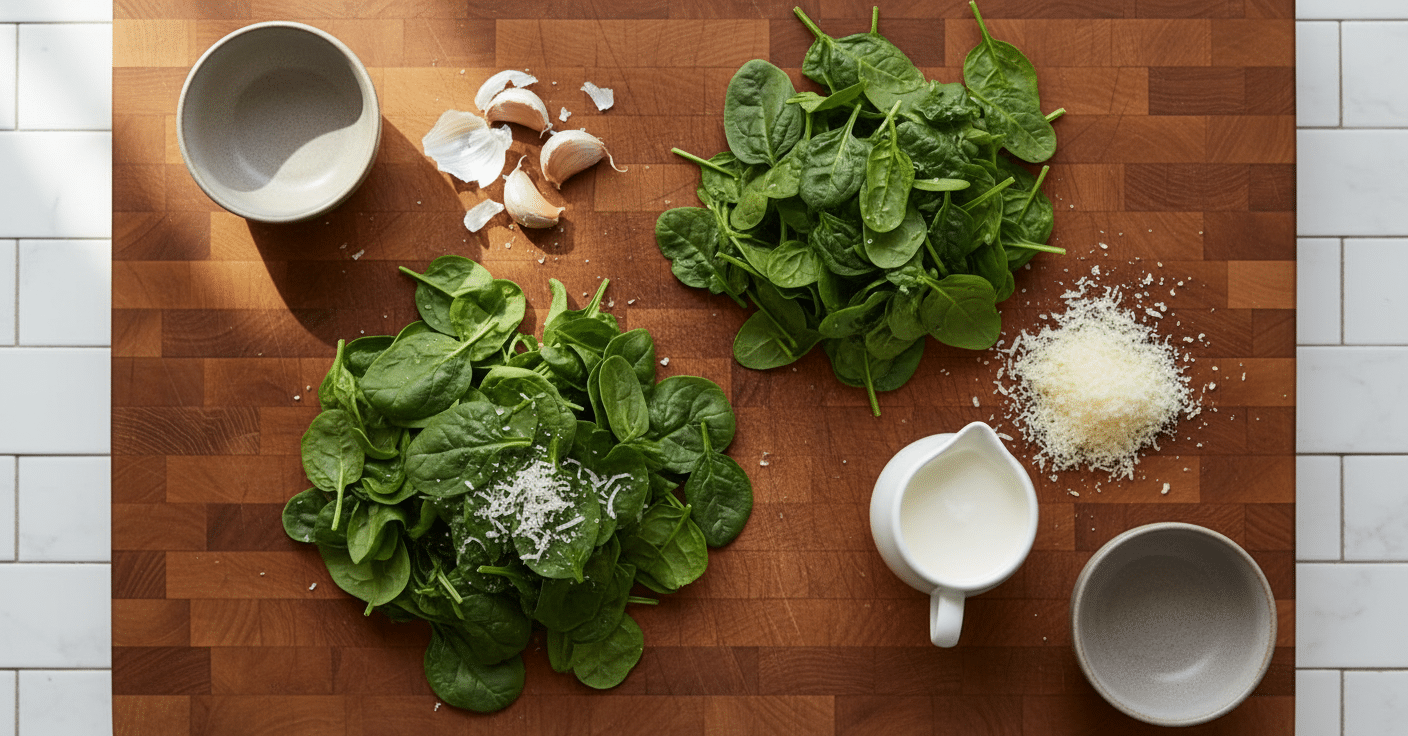 Creamed Spinach Recipe ingredients organized and measured on kitchen counter