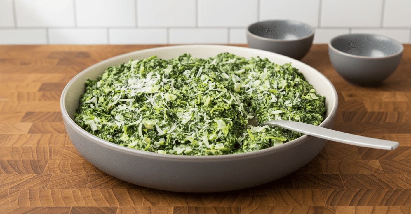 Creamed Spinach Recipe slice on plate showing perfect texture and swirl pattern