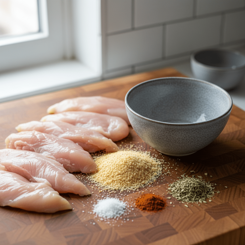 Air Fryer Chicken Tenders ingredients organized and measured on kitchen counter