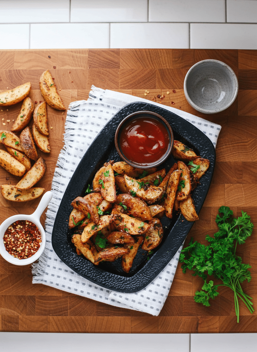Air Fryer Potato Wedges ingredients organized and measured on kitchen counter