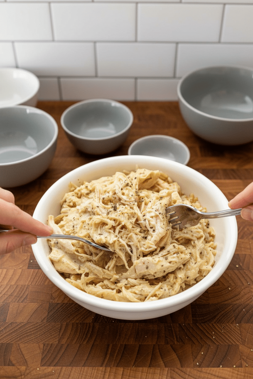 Crockpot Chicken and Gravy slice on plate showing perfect texture and swirl pattern