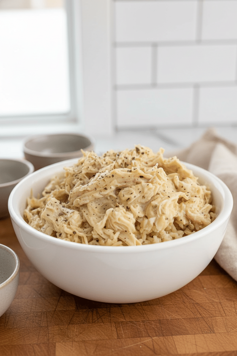Crockpot Chicken and Gravy final dish beautifully presented and ready to serve