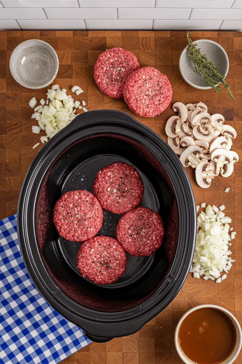 Crockpot Salisbury Steak ingredients organized and measured on kitchen counter