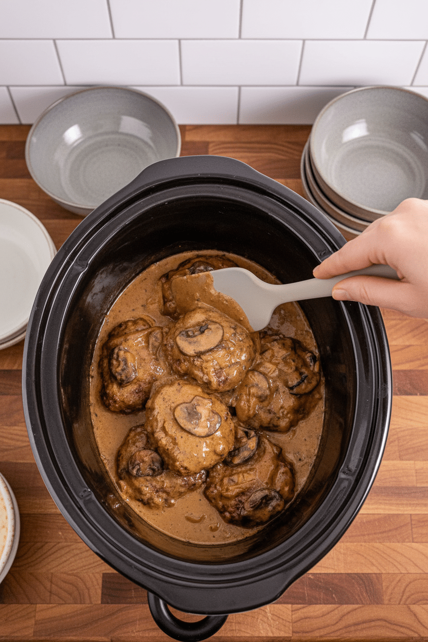Crockpot Salisbury Steak slice on plate showing perfect texture and swirl pattern