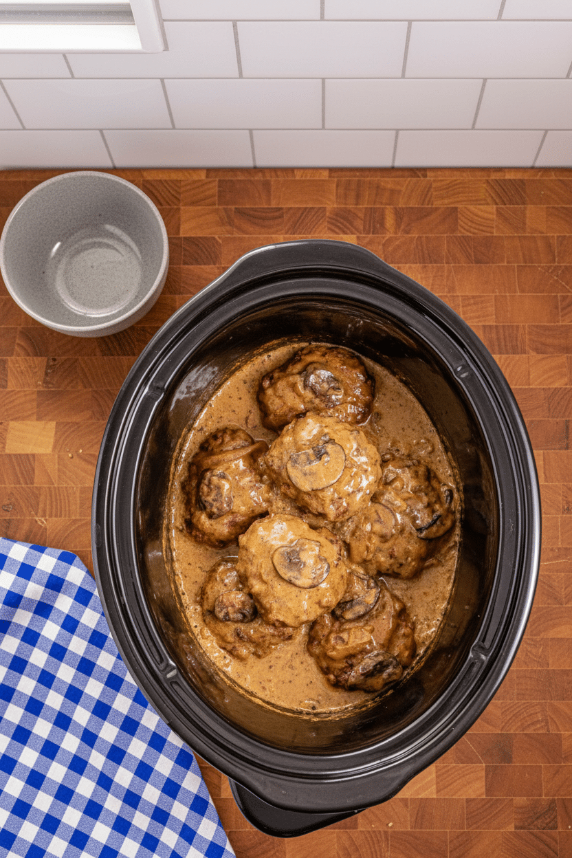 Crockpot Salisbury Steak final dish beautifully presented and ready to serve