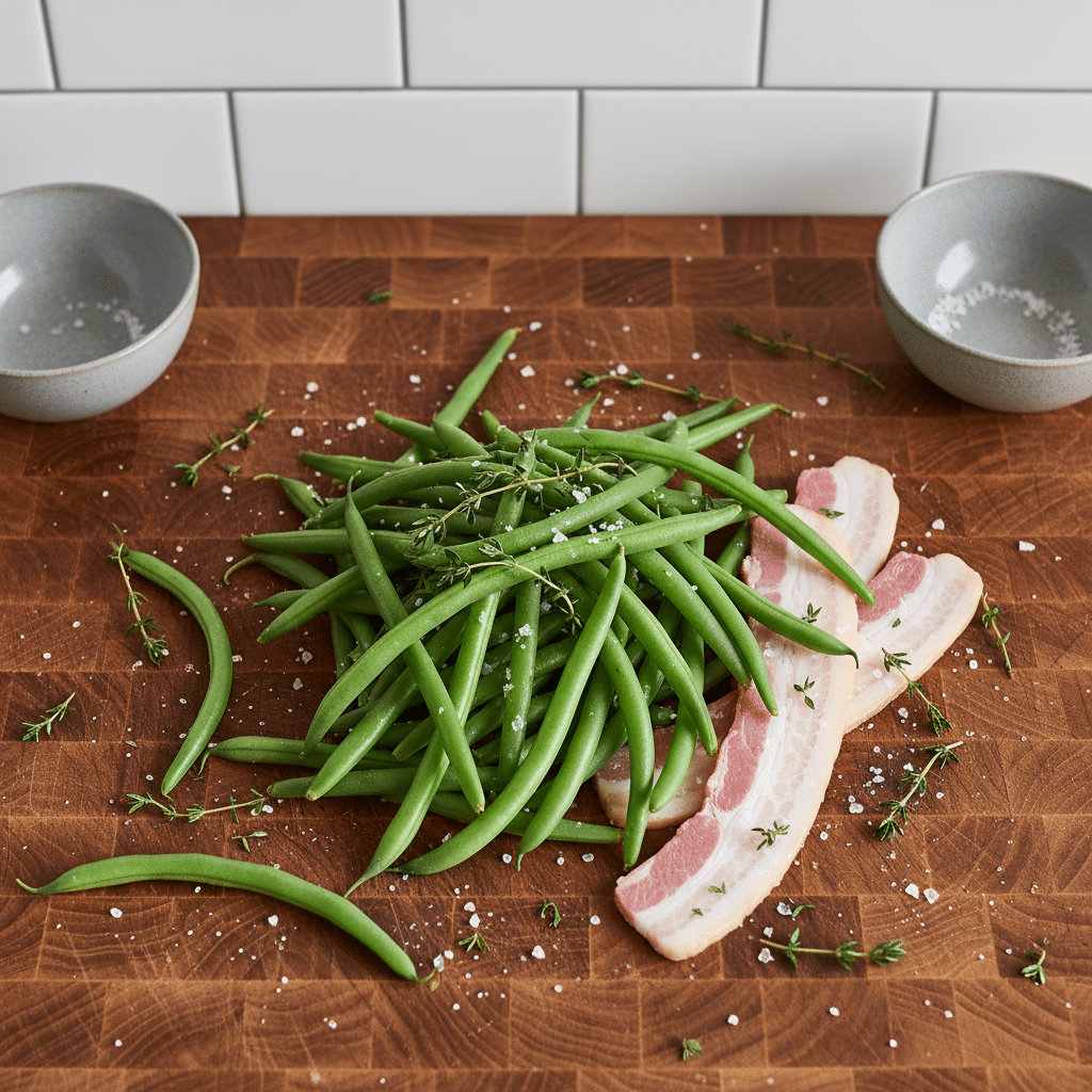Bacon Wrapped Green Beans ingredients organized and measured on kitchen counter