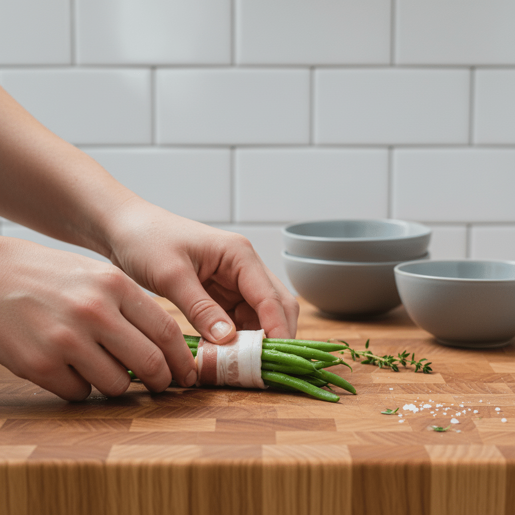 Bacon Wrapped Green Beans slice on plate showing perfect texture and swirl pattern