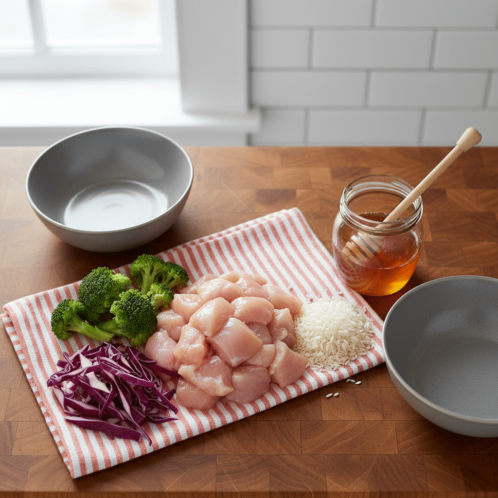 Hot honey chicken bowl ingredients organized and measured on kitchen counter