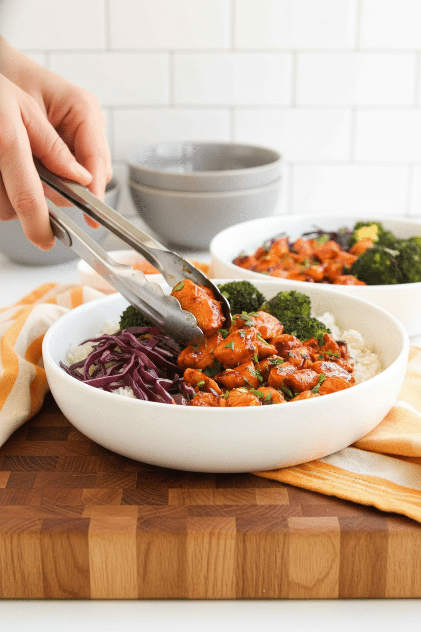 Hot honey chicken bowl slice on plate showing perfect texture and swirl pattern