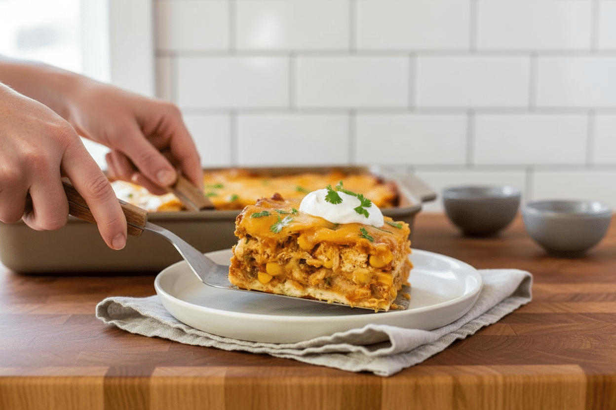 Mexican Chicken Casserole slice on plate showing perfect texture and swirl pattern