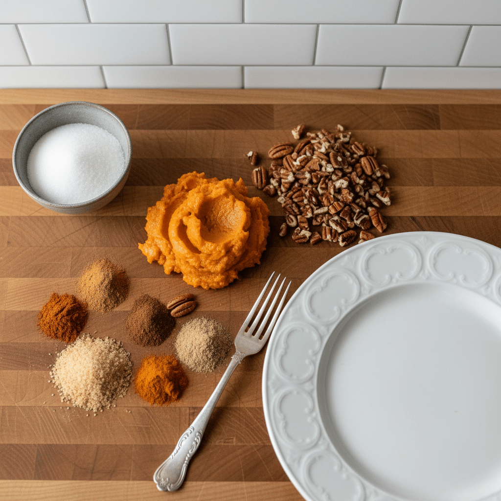 Pumpkin Dump Cake ingredients organized and measured on kitchen counter