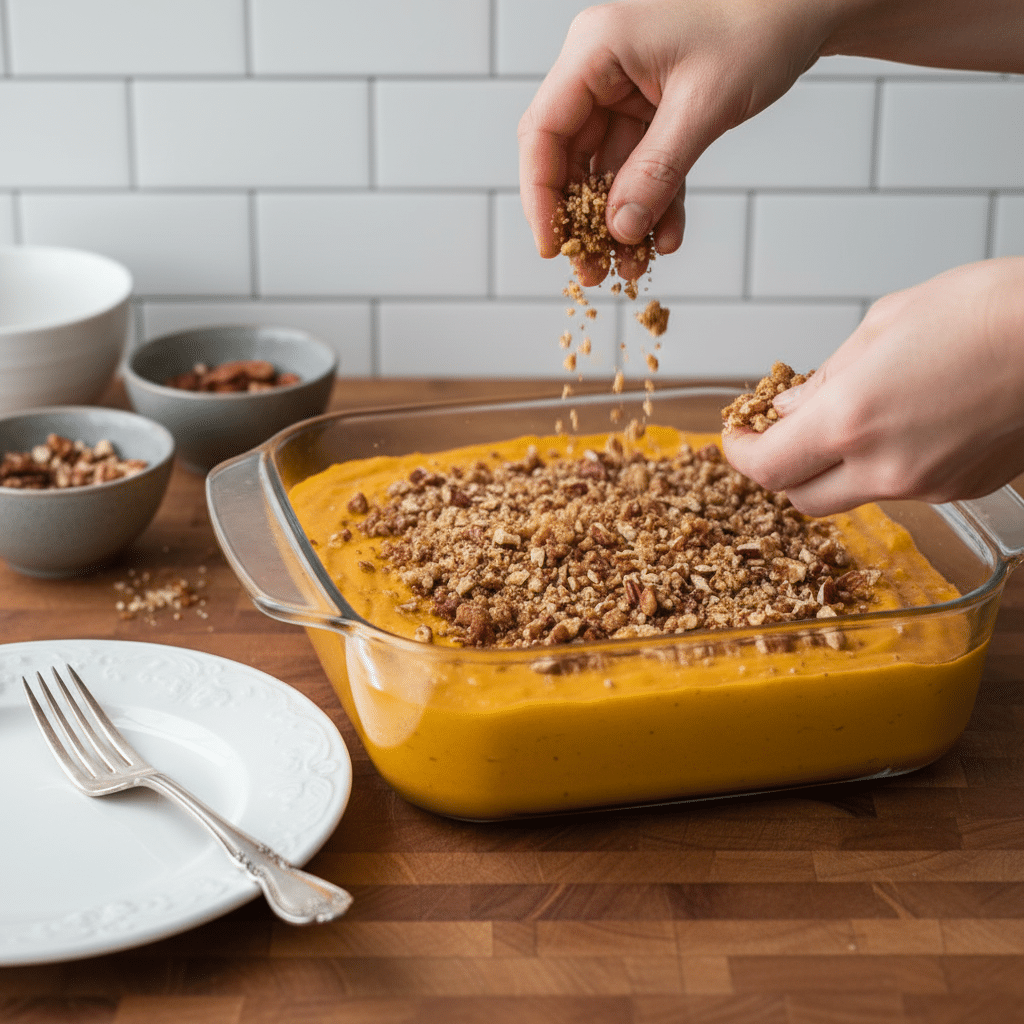 Pumpkin Dump Cake slice on plate showing perfect texture and swirl pattern
