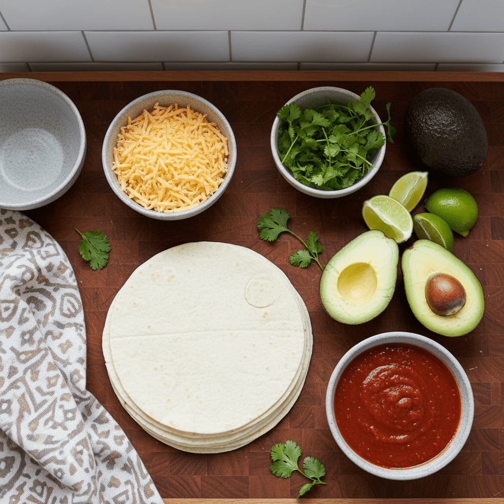 Vegetarian Enchiladas ingredients organized and measured on kitchen counter
