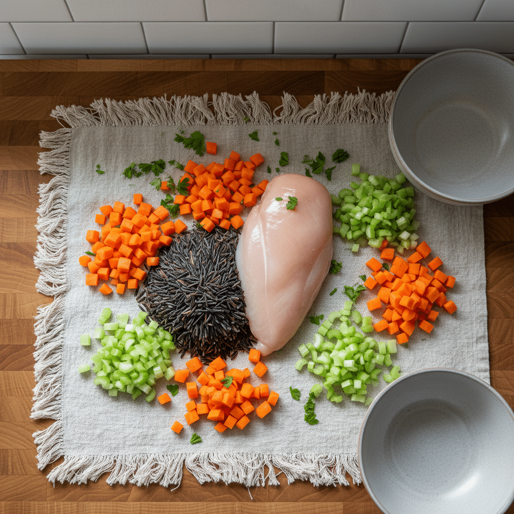 Crockpot wild rice soup ingredients organized and measured on kitchen counter