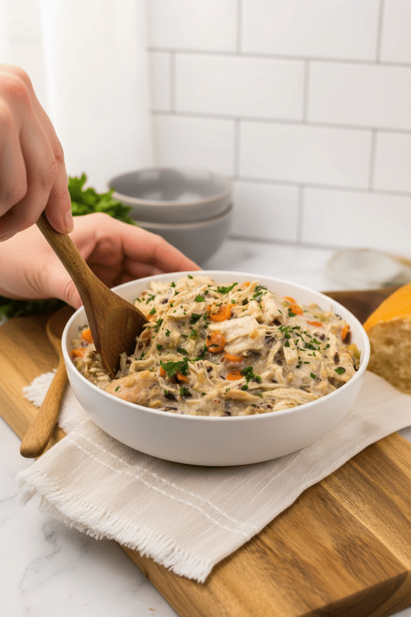 Crockpot wild rice soup slice on plate showing perfect texture and swirl pattern