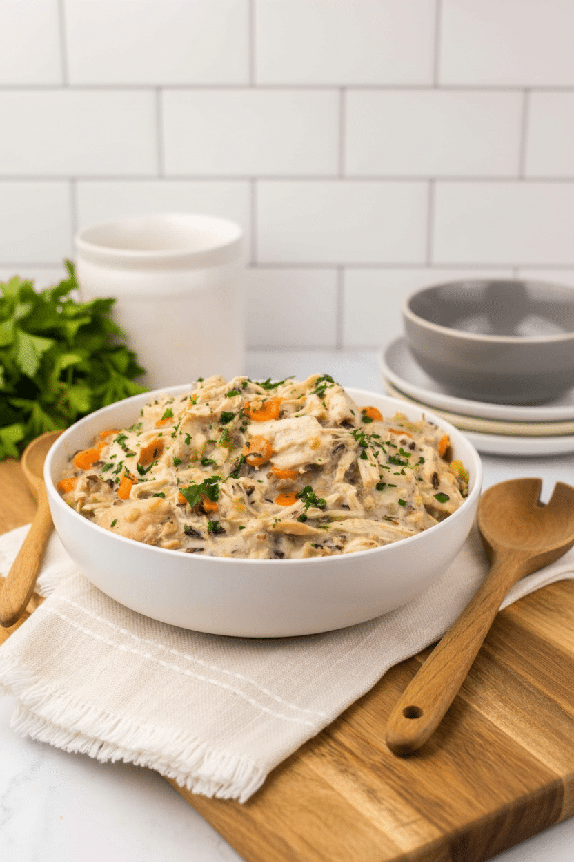 Crockpot wild rice soup final dish beautifully presented and ready to serve