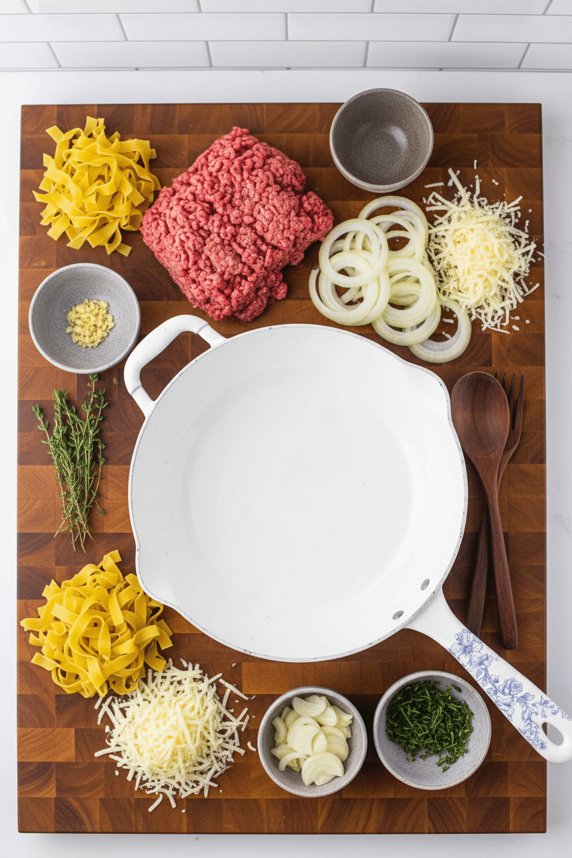 French Onion Beef Noodles ingredients organized and measured on kitchen counter