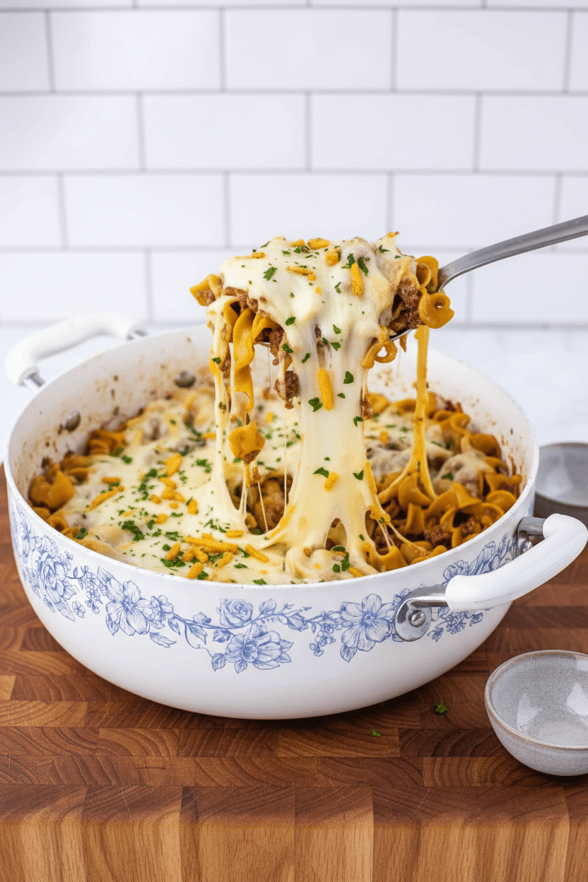 French Onion Beef Noodles final dish beautifully presented and ready to serve