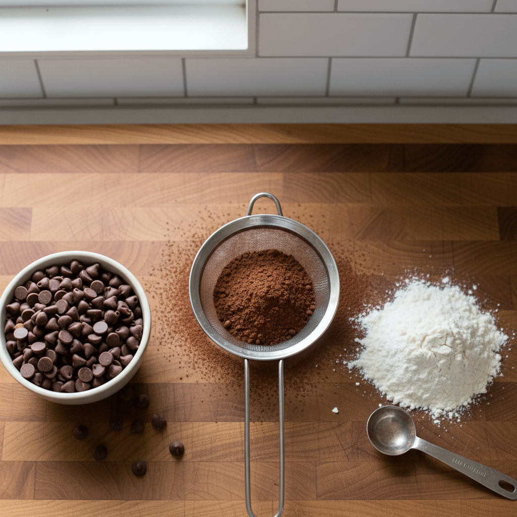 Chocolate Pudding Cake ingredients organized and measured on kitchen counter