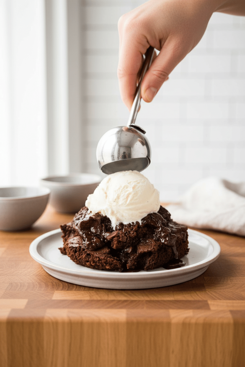 Chocolate Pudding Cake slice on plate showing perfect texture and swirl pattern