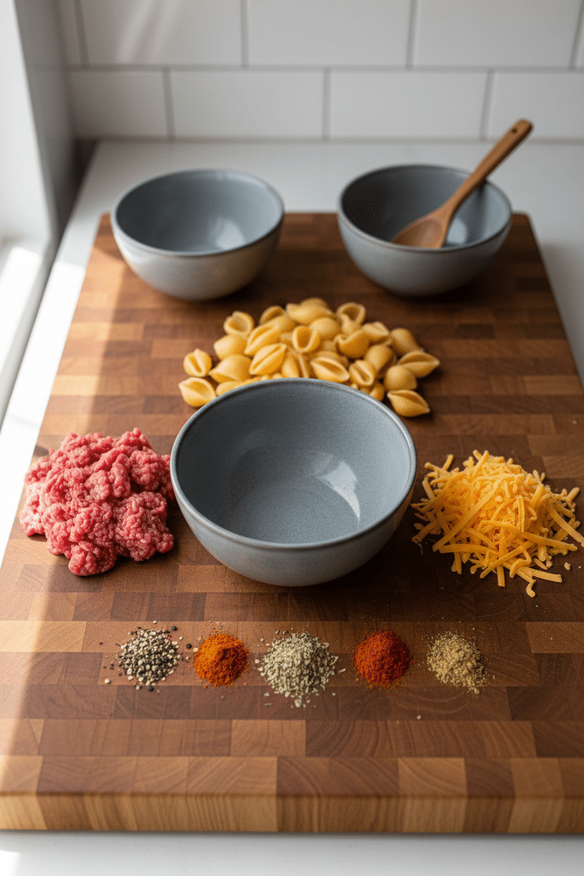 Homemade Hamburger Helper ingredients organized and measured on kitchen counter