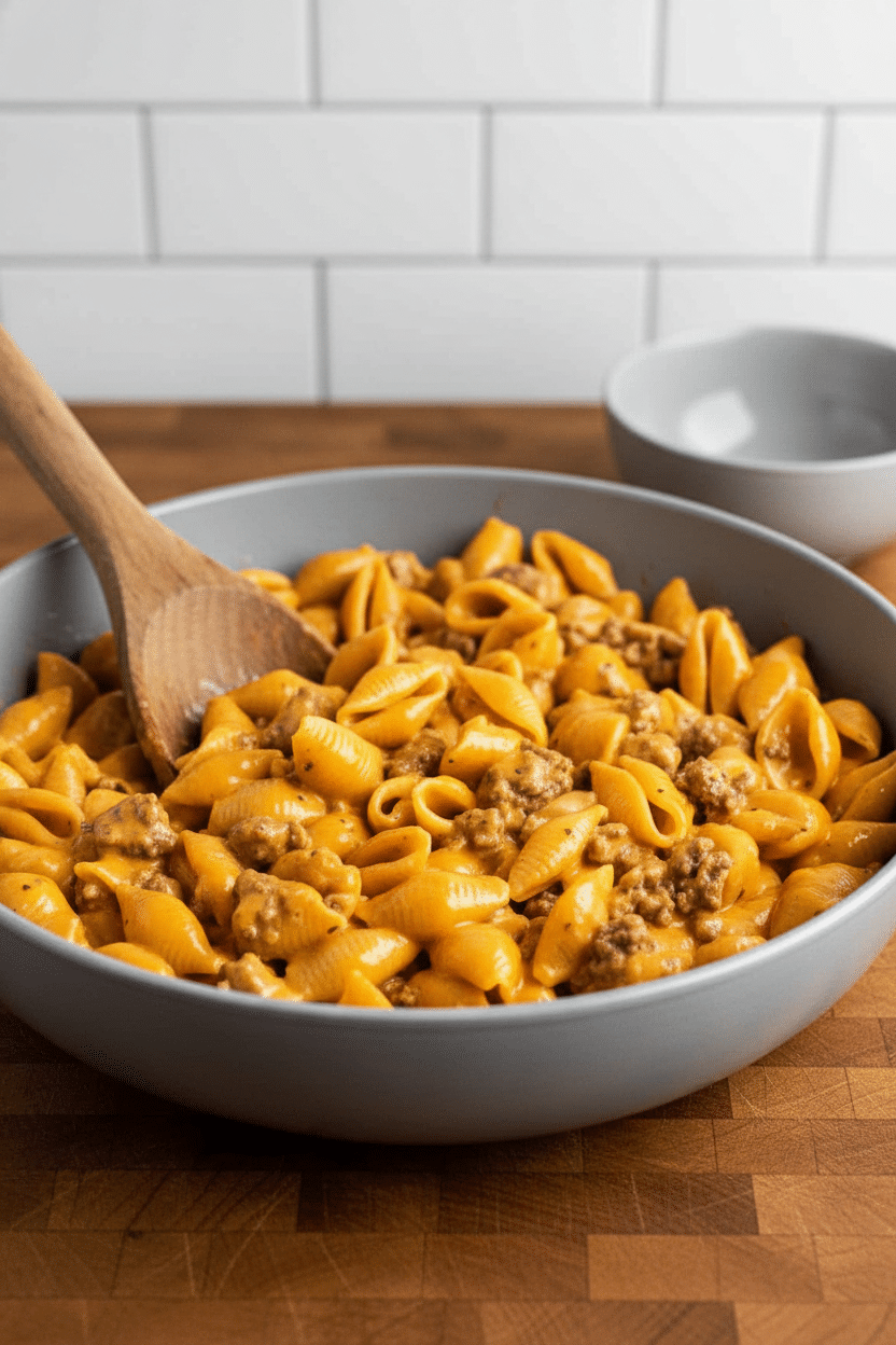 Homemade Hamburger Helper slice on plate showing perfect texture and swirl pattern