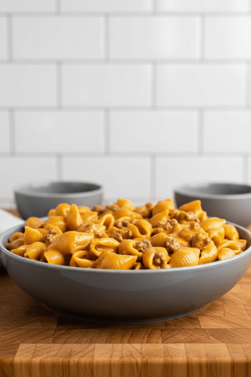 Homemade Hamburger Helper final dish beautifully presented and ready to serve