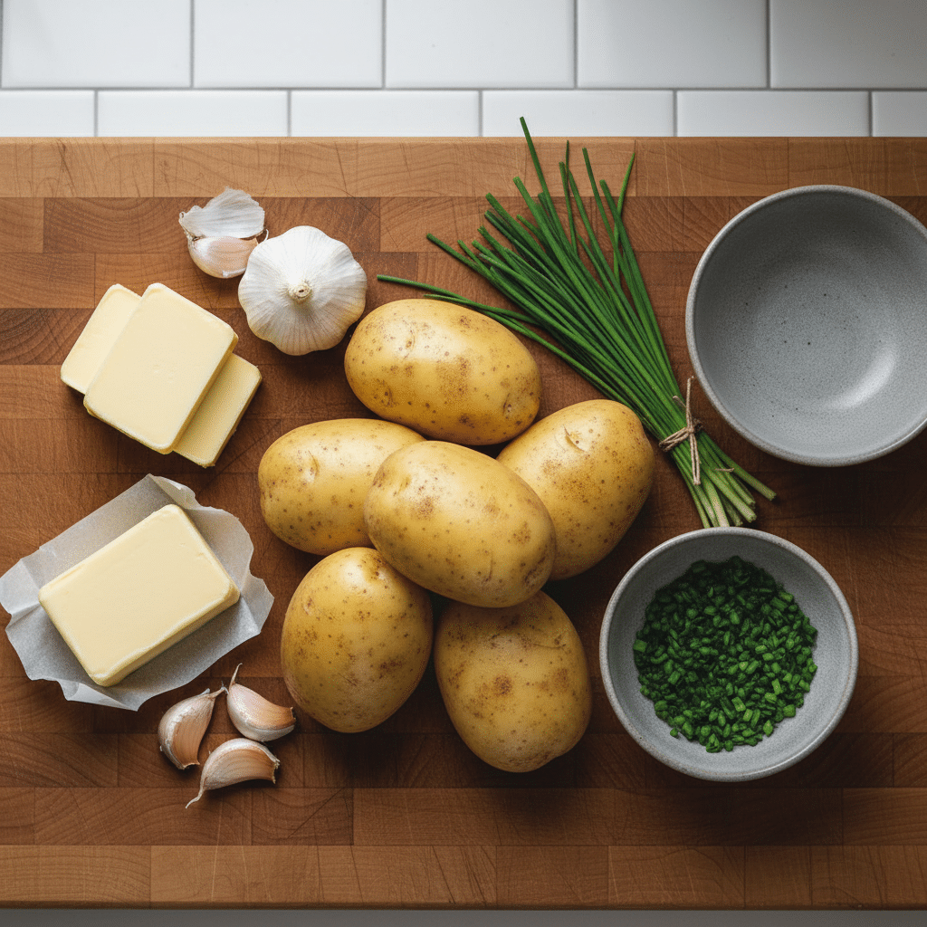 Roasted Garlic Mashed Potatoes ingredients organized and measured on kitchen counter