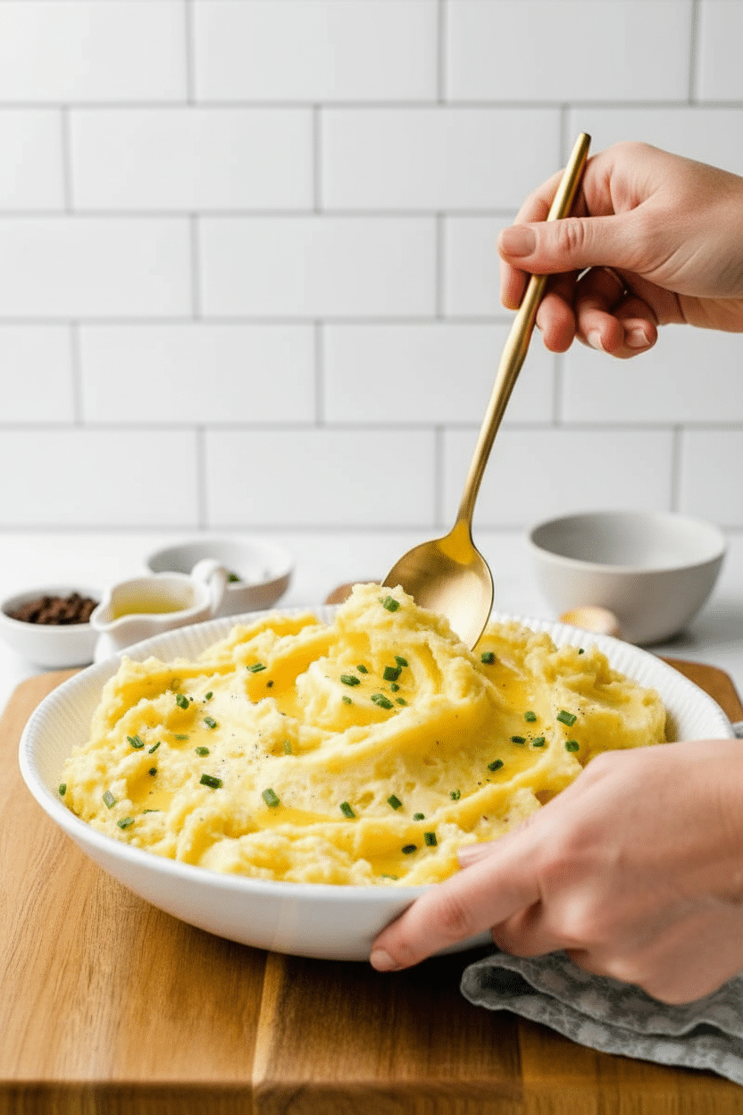 Roasted Garlic Mashed Potatoes slice on plate showing perfect texture and swirl pattern