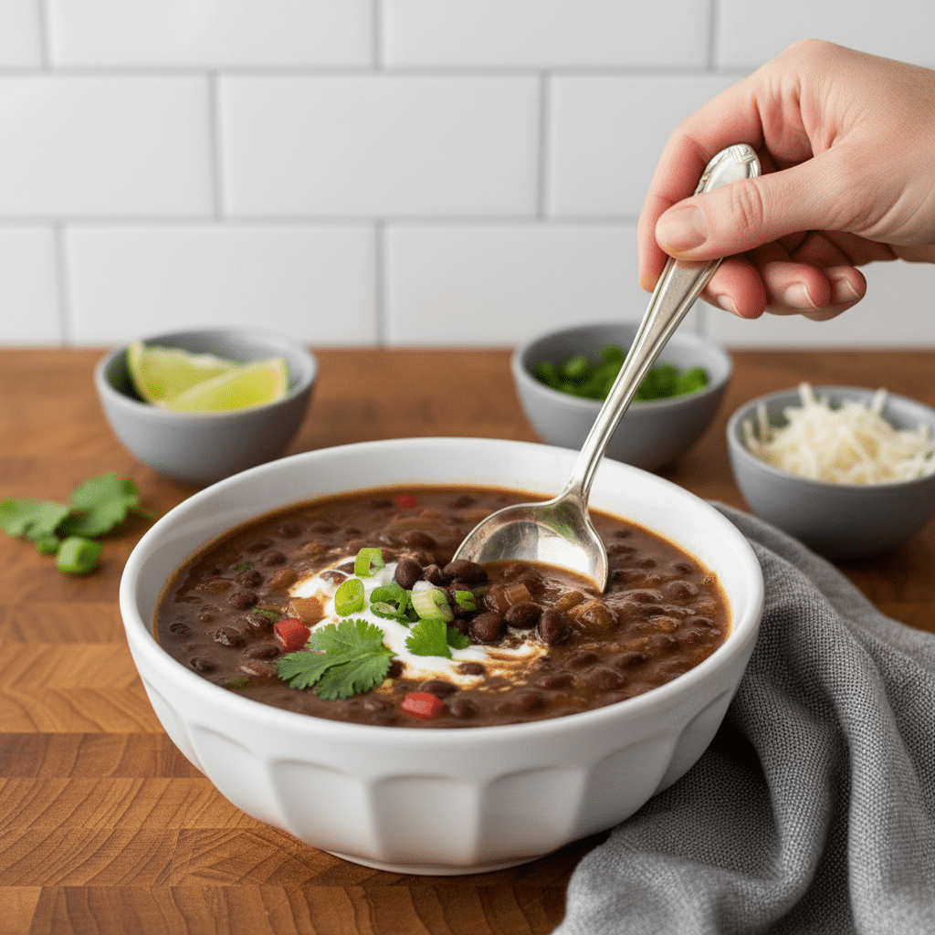 Spicy Black Bean Soup in a bowl showing perfect creamy texture and a swirl of sour cream