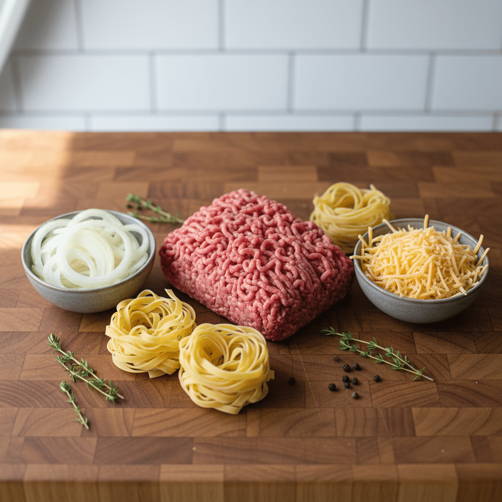 French onion beef noodles ingredients organized and measured on kitchen counter
