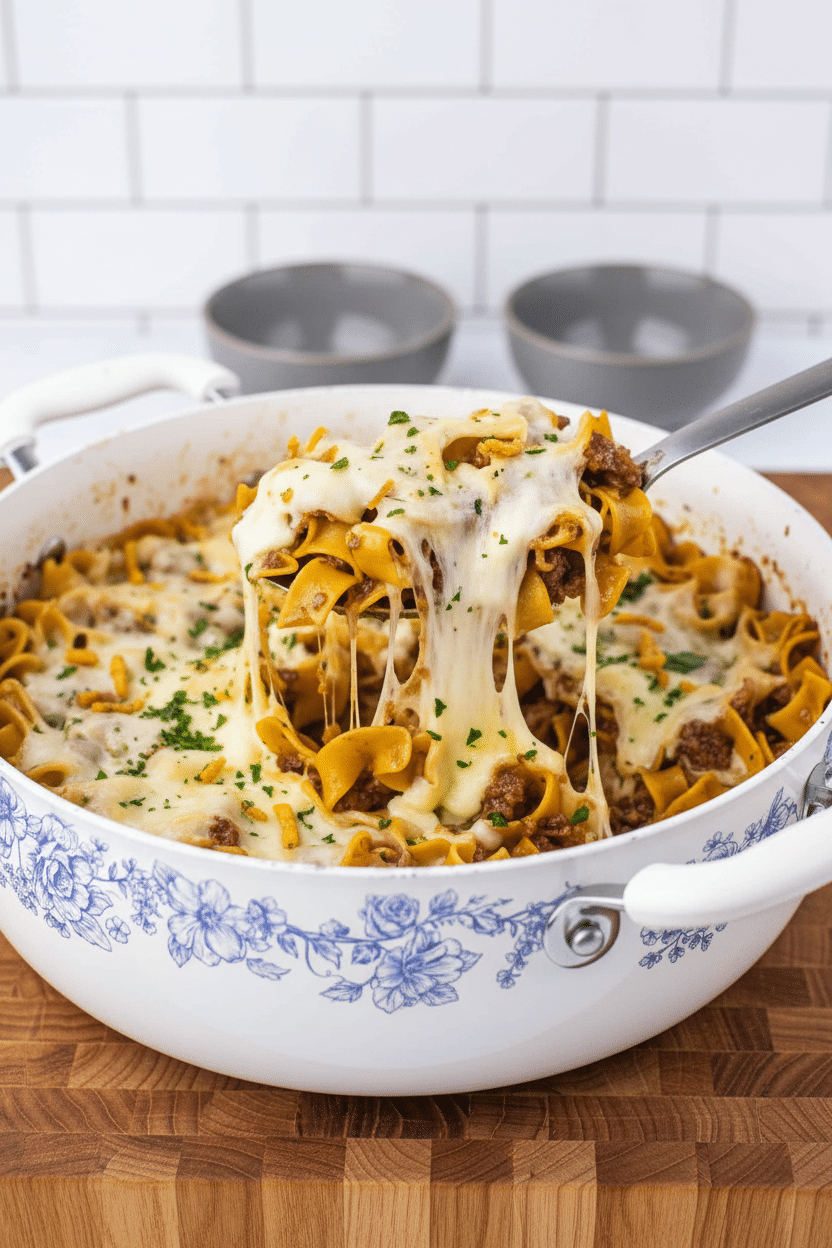 French onion beef noodles final dish beautifully presented and ready to serve
