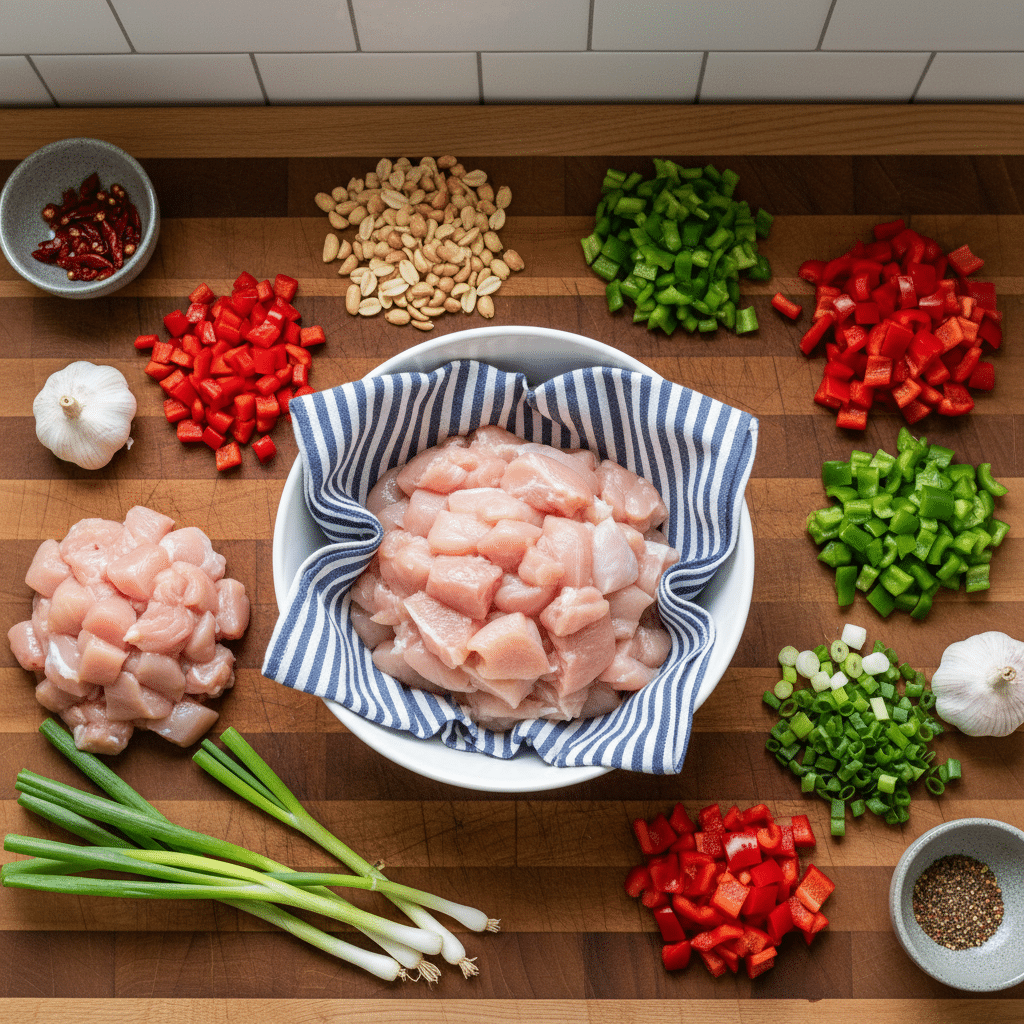 Kung Pao Chicken Recipe ingredients organized and measured on kitchen counter