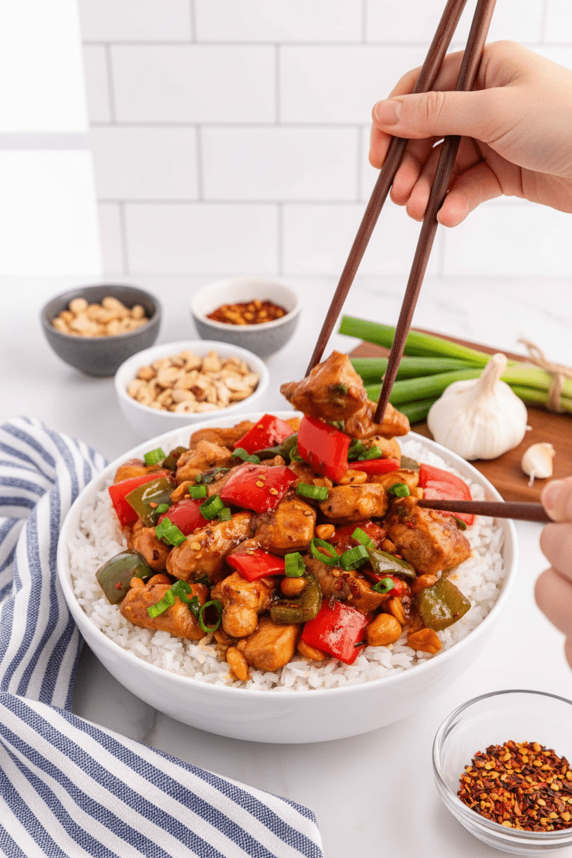 Kung Pao Chicken Recipe slice on plate showing perfect texture and swirl pattern