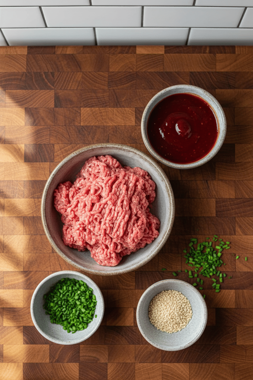 Korean Bbq Meatballs ingredients organized and measured on kitchen counter