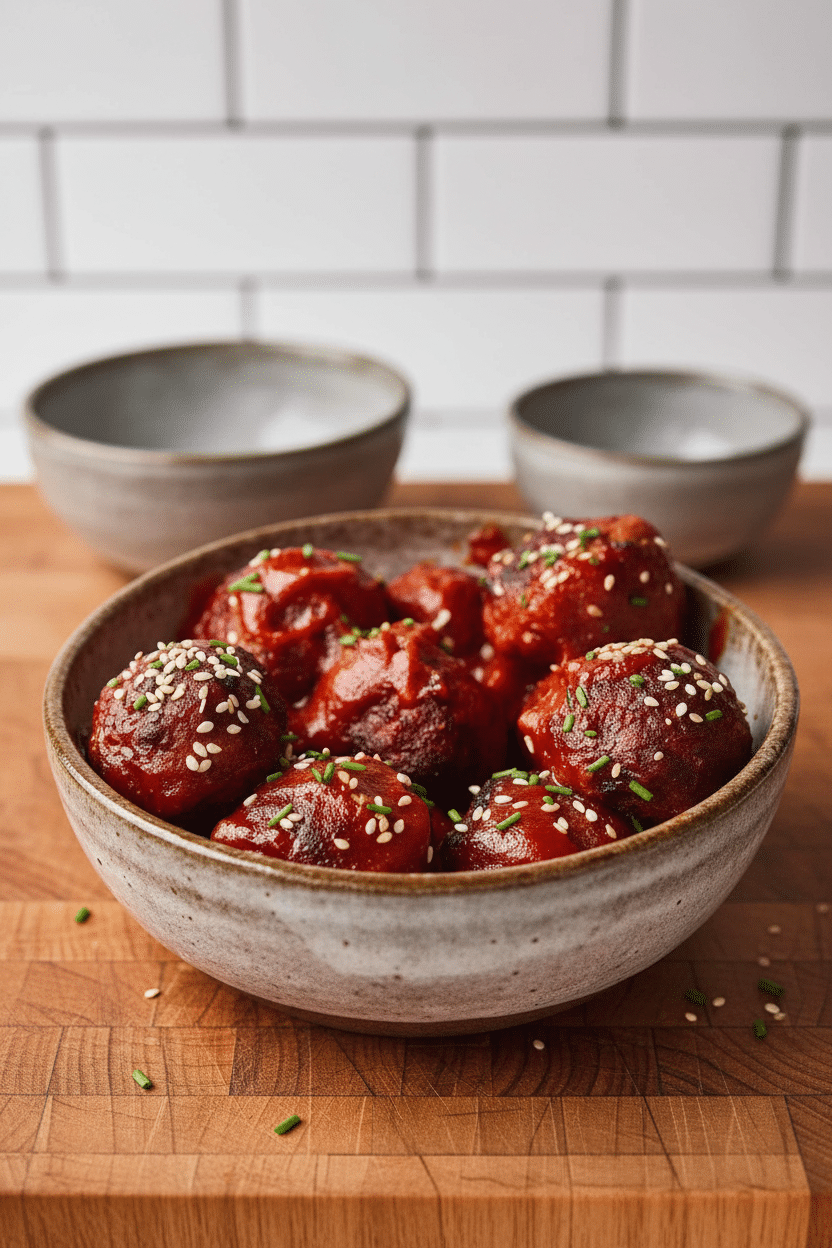 Korean Bbq Meatballs final dish beautifully presented and ready to serve