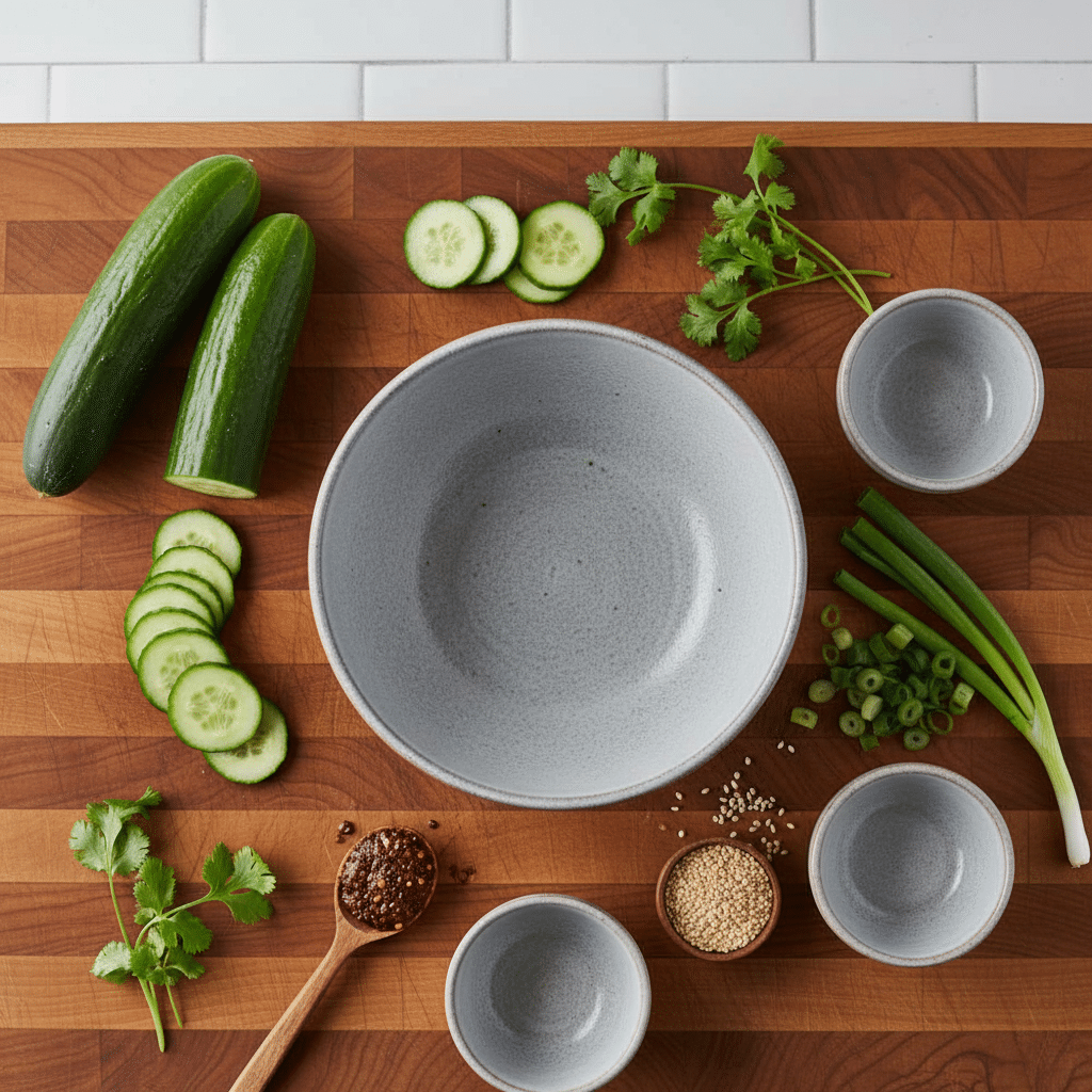 Asian Cucumber Salad ingredients organized and measured on kitchen counter