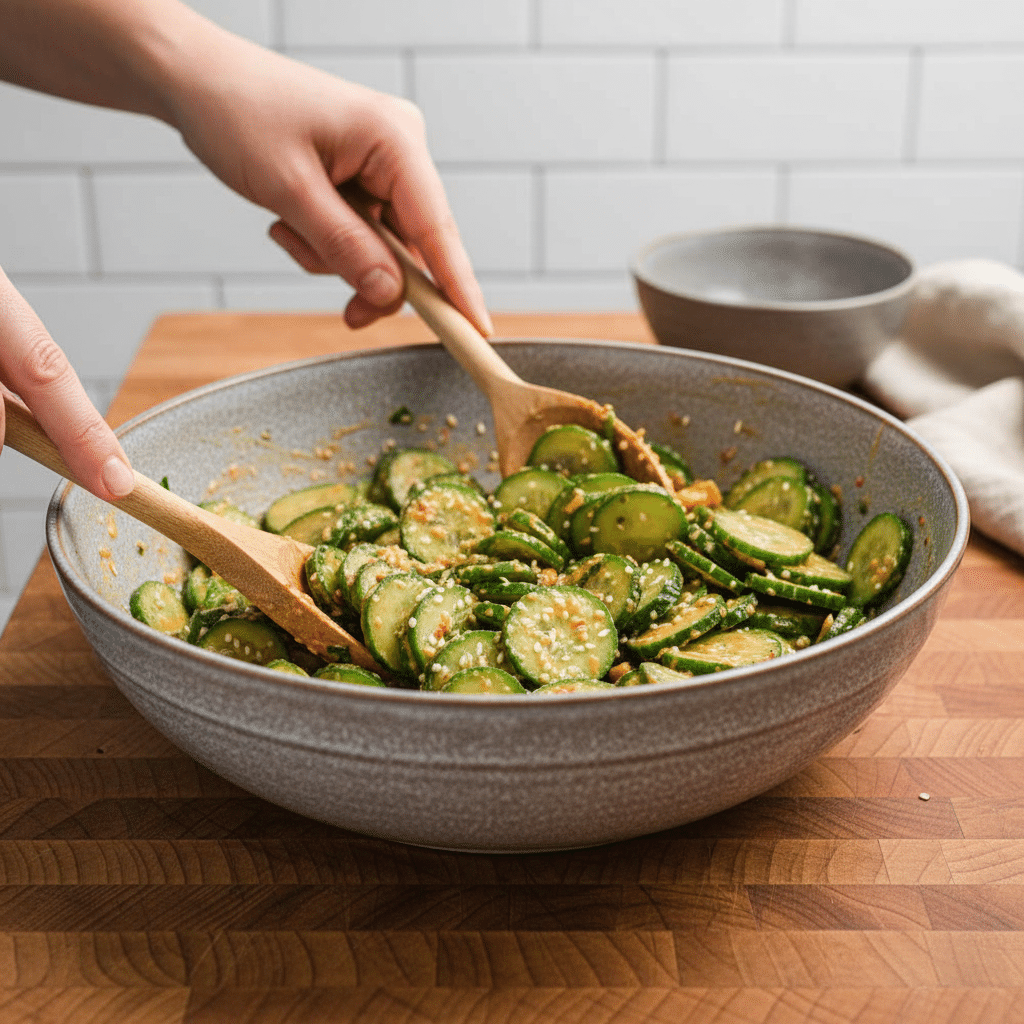 Asian Cucumber Salad slice on plate showing perfect texture and swirl pattern