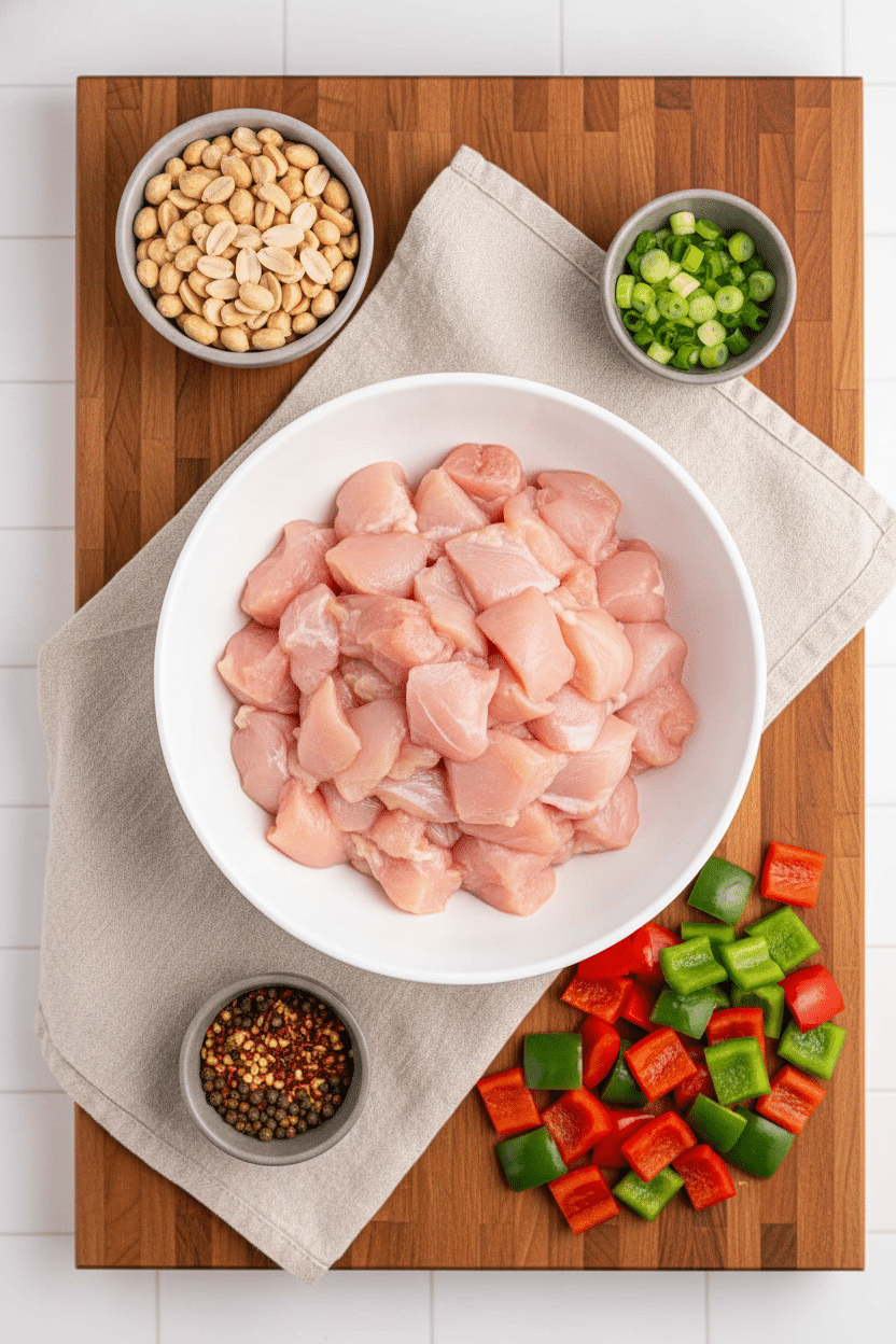 Kung Pao Chicken ingredients organized and measured on kitchen counter