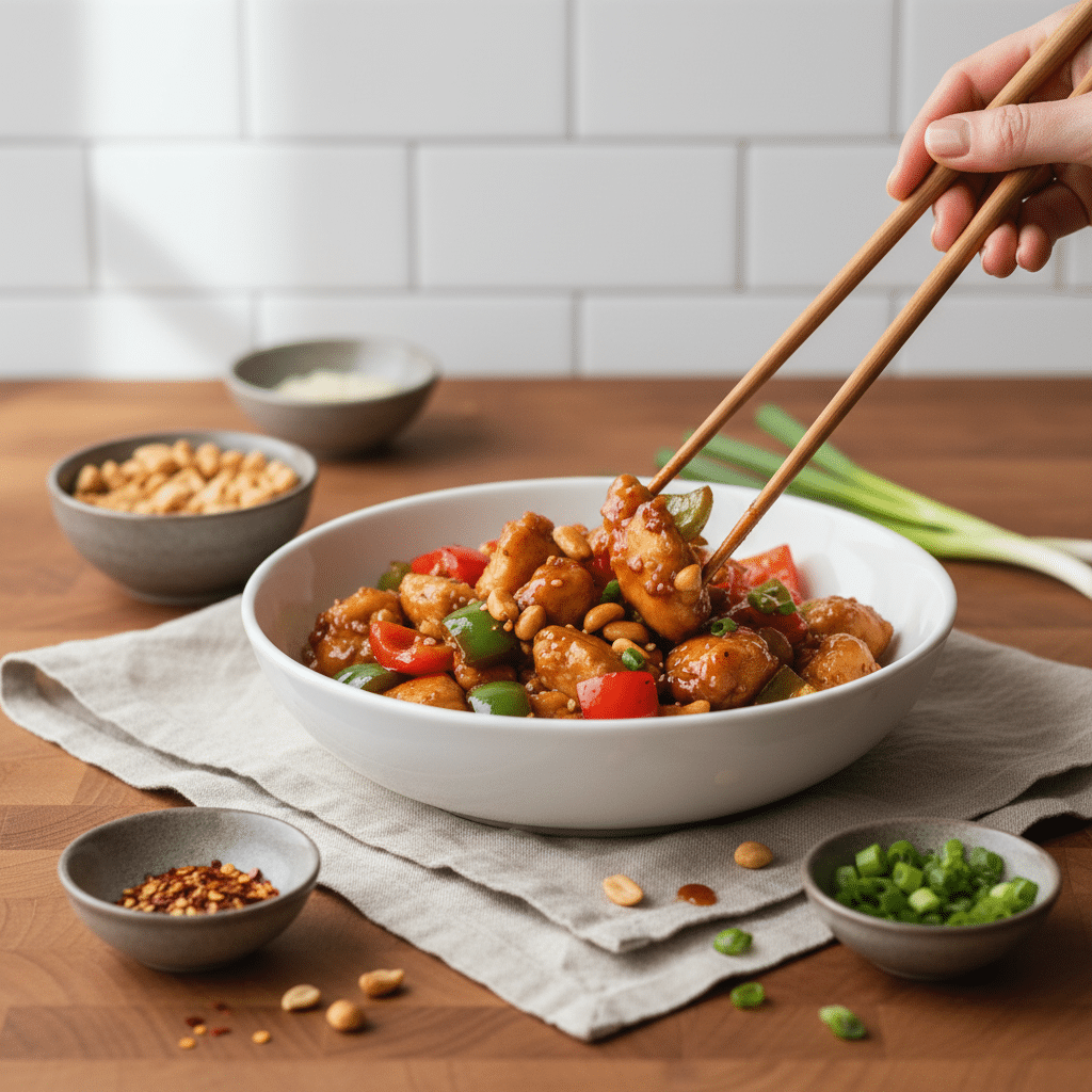 Kung Pao Chicken slice on plate showing perfect texture and swirl pattern