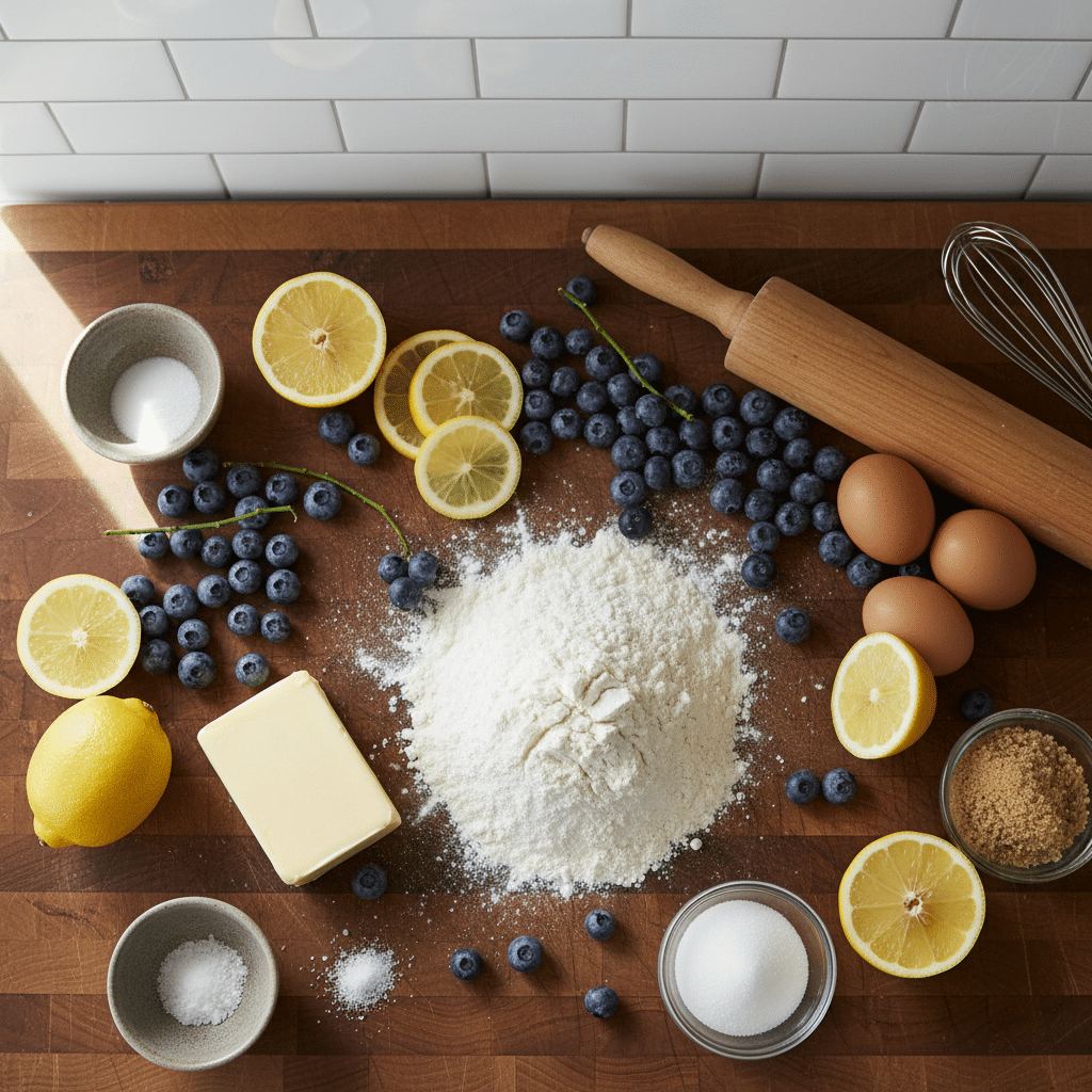 Lemon Blueberry Buckle ingredients organized and measured on kitchen counter